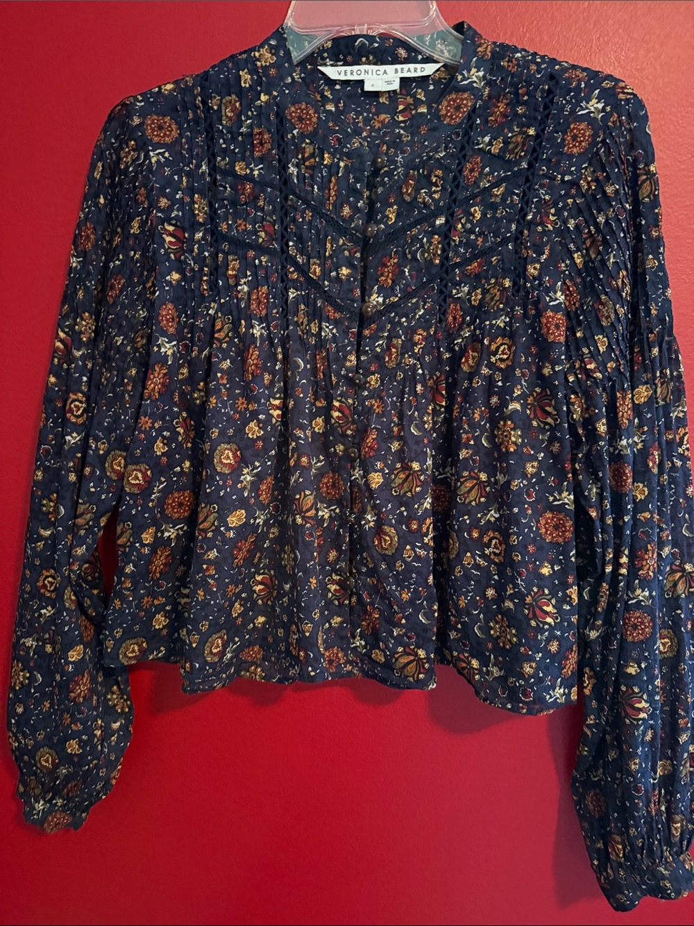 Veronica Beard Sherwood Cropped Floral Blouse in Ink Multi Sz 6